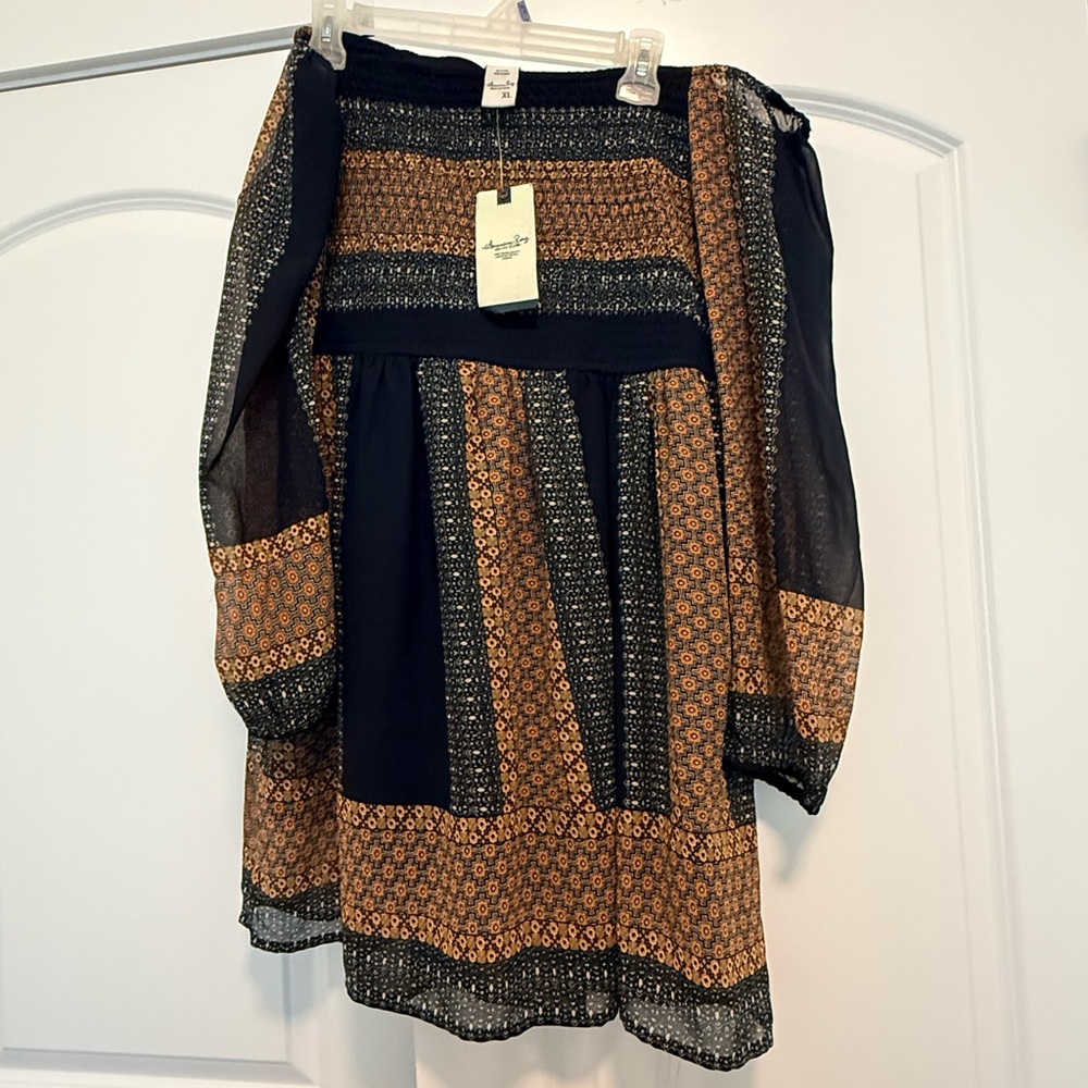 American Rag Black and Brown Patterned Peasant Dress NWT